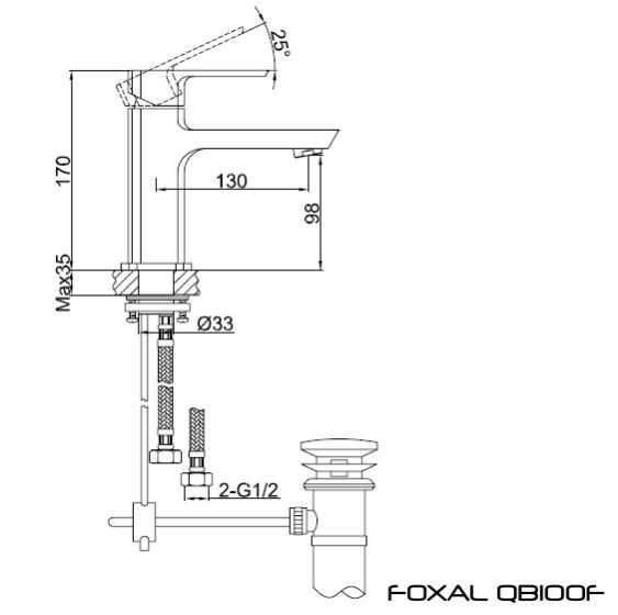 Rysunek techniczny baterii umywalkowej jednootworowej z korkiem, Foxal QB100F firmy Kohlman.