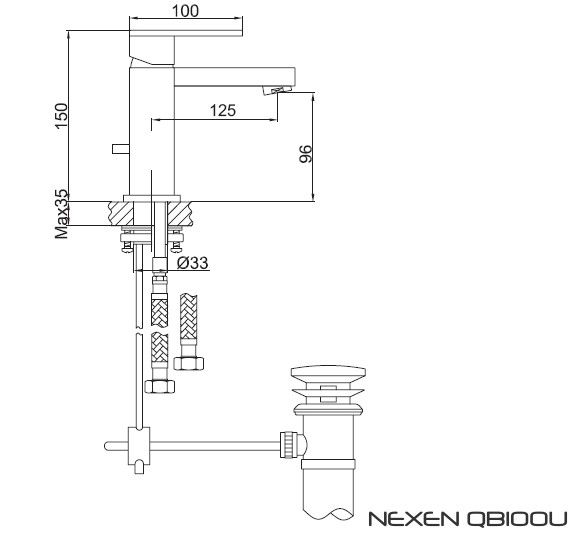 Rysunek techniczny baterii umywalkowej z korkiem automatycznym, Nexen QB100U firmy Kohlman.