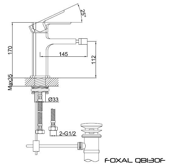 Rysunek techniczny baterii bidetowej z korkiem automatycznym, Foxal QB130F firmy Kohlman.