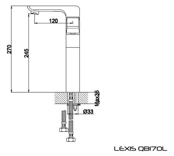 Rysunek techniczny baterii umywalkowej bez baterii, Lexis QB170L firmy Kohlman.