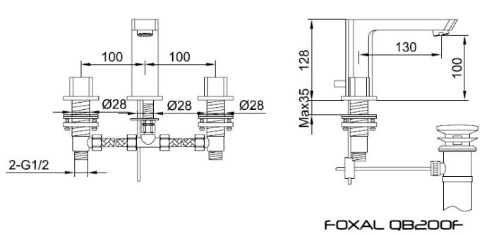 Rysunek techniczny baterii umywalkowej, 3-otworowej z korkiem automatycznym, Foxal QB200F firmy Kohlman.