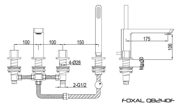 Rysunek techniczny baterii nawannowej 4-otworowej, Foxal QB240F firmy Kohlman.
