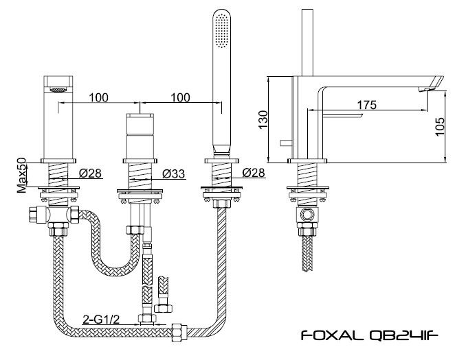 Rysunek techniczny baterii wannowej z prysznicem, Foxal QB241F firmy Kohlman.
