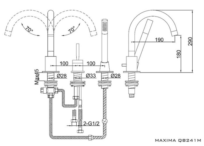 Rysunek techniczny baterii nawannowej z prysznicem, 3-otworowej, Maxima QB241M firmy Kohlman.