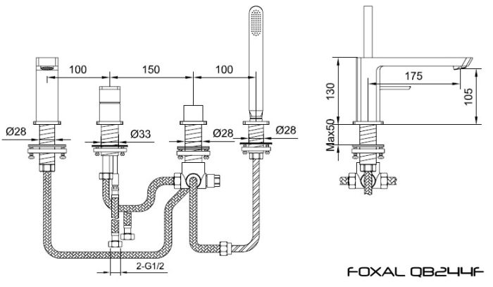 Rysunek techniczny baterii nawannowej, 4-otworowej, Foxal QB244F firmy Kohlman.