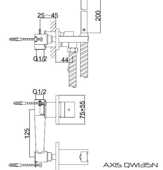 Rysunek techniczny baterii bidetowej, podtynkowej, Axis QW135N firmy Kohlman.