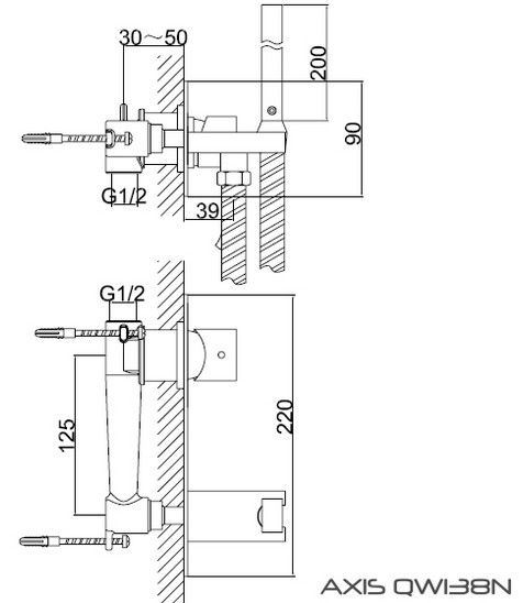 Rysunek techniczny baterii bidetowej, podtynkowej Axis QW138N firmy Kohlman.