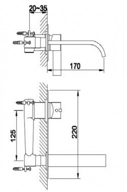 Rysunek techniczny baterii umywalkowej, podtynkowej, Dexame QW185D firmy Kohlman.