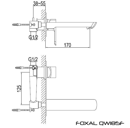 Rysunek techniczny baterii umywalkowej, ściennej, Foxal QW185F firmy Kohlman.