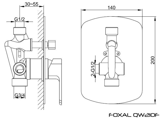 Rysunek techniczny baterii wannowo-natryskowej Foxal QW210F firmy Kohlman.
