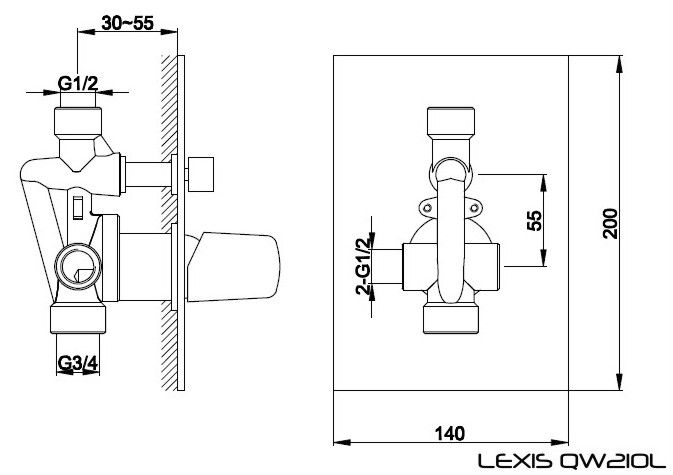 Rysunek techniczny podtynkowej baterii wannowo-natryskowej Lexis QW210L firmy Kohlman.