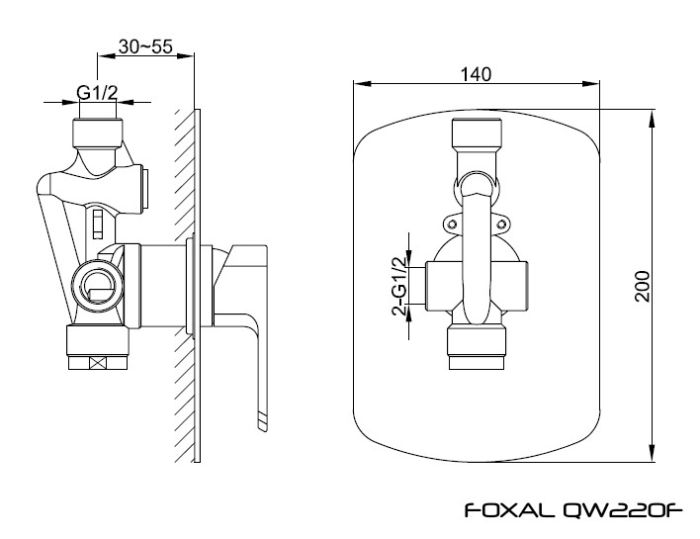 Rysunek techniczny baterii podtynkowej Foxal QW220F firmy Kohlman.