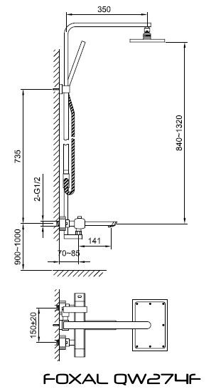 Rysunek techniczny kolumny prysznicowej z wylewką i termostatem, Foxal QW274F firmy Kohlman.