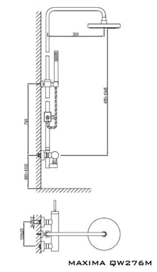Rysunek techniczny zestawu prysznicowego Maxima QW276M firmy Kohlman.