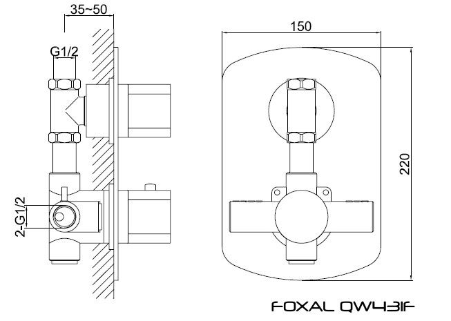 Rysunek techniczny baterii prysznicowej termostatycznej Foxal QW431F firmy Kohlman.