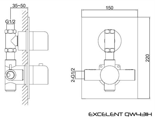 Rysunek techniczny baterii prysznicowej, termostatycznej Excelent QW431H firmy Kohlman.