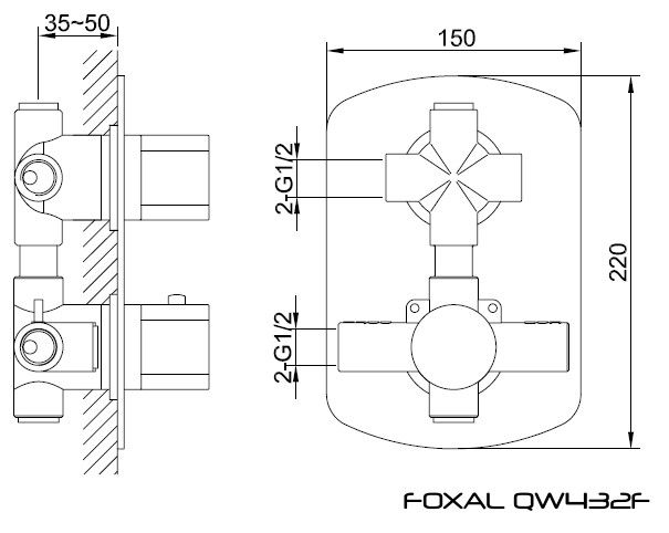 Rysunek techniczny baterii prysznicowej, termostatycznej Foxal QW432F firmy Kohlman.