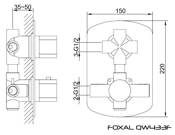 Rysunek techniczny baterii wannowo-natryskowej Foxal QW433F firmy Kohlman.