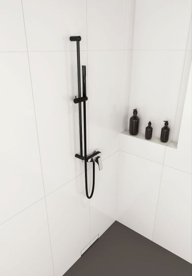 Deante Karbo zestaw natryskowy czarny  NCC_B51K aranżacja pod prysznicem