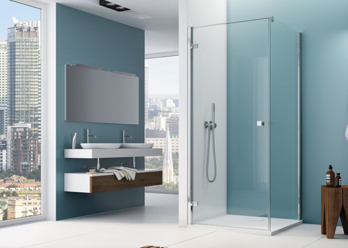 RONAL ANNEA Drzwi LEWE jednoczęściowe z profilem przyściennym + ścianka boczna 75x90 cm srebrny połysk AN1CG0755007+ANT109005007