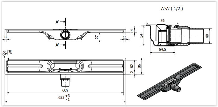 Rysunek techniczny odpływu liniowego Linear ABS IDABS4M06001Y1 firmy I-drain.