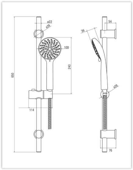 Rysunek techniczny Deante Avis zestaw natryskowy chrom, 65 cm, 5-funkcyjny NGV_051K
