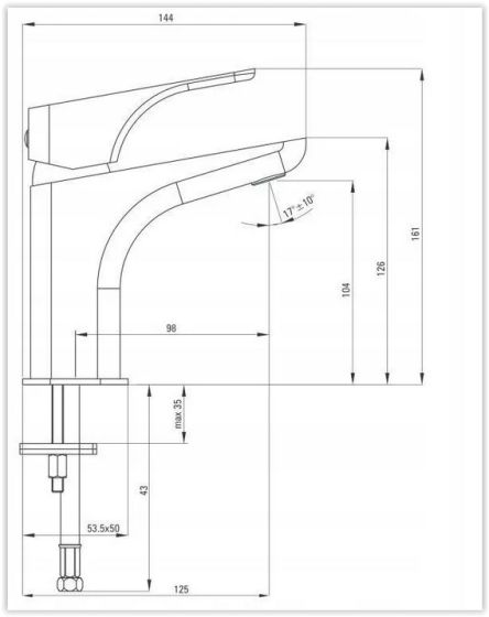 rysunek techniczny Deante bateria Hiacynt nero umywalkowa z podwyższonym korpusem z korkiem click-clack czarny mat BQH_N21M