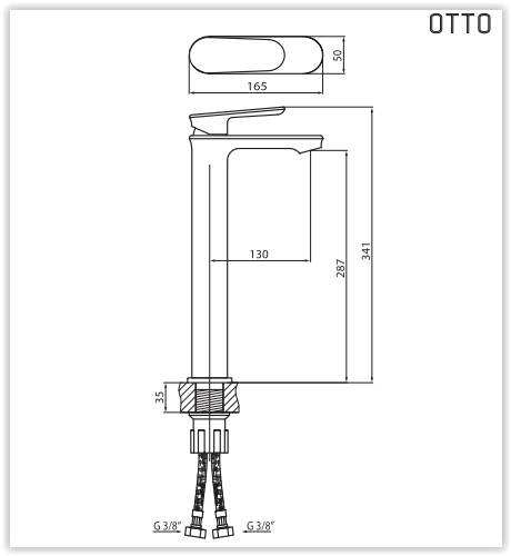 Rysunek techniczny wysokiej baterii umywalkowej, bez korka, Otto VBO8003 firmy Vedo.