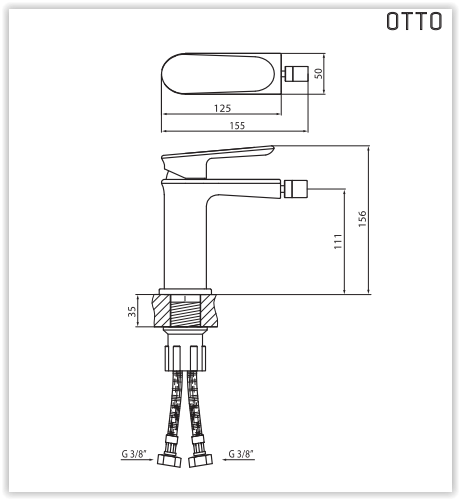 Rysunek techniczny baterii bidetowej z korkiem, Otto VBO8002 firmy Vedo.