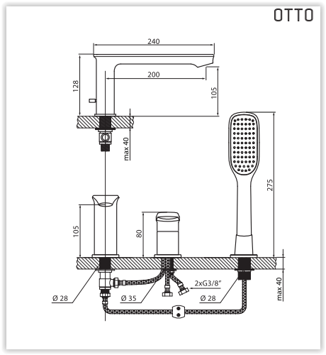 Rysunek techniczny baterii wannowej 3-otworowej, Otto VBO8030 firmy Vedo.