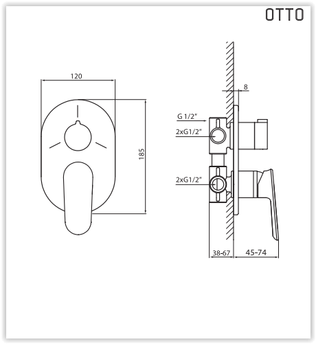 Rysunek techniczny podtynkowej baterii wannowo-natryskowej, z 3 wyjściami, Otto VBO8017 firmy Vedo.