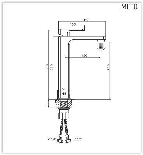Rysunek techniczny baterii umywalkowej z korkiem, z regulacją kierunku wypływu wody, Mito VBM3003/C firmy Vedo.