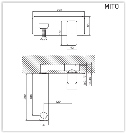 Rysunek techniczny baterii umywalkowej, ściennej z regulacją kierunku wypływu wody, Mito VBM3012/C firmy Vedo, z korkiem klik-klak.