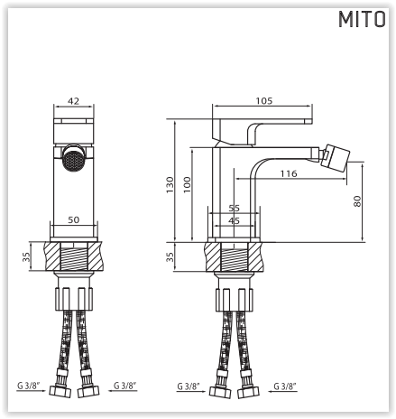 Rysunek techniczny baterii bidetowej bez korka, Mito VBM3002 firmy Vedo.