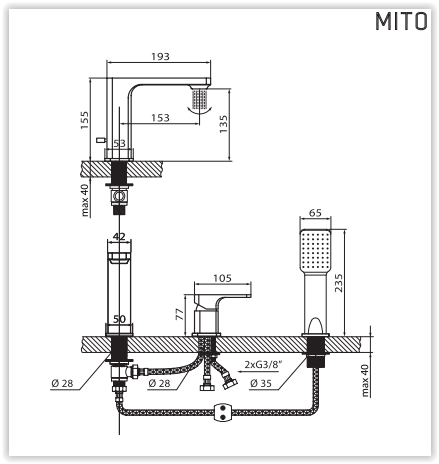 Rysunek techniczny baterii wannowej, 3-otworowej Mito VBM3030 firmy Vedo.