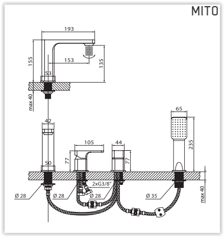Rysunek techniczny baterii wannowej 4-otworowej, Mito VBM3040 firmy Vedo.