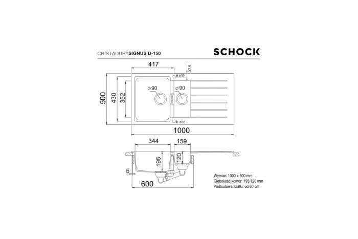Schock Signus D-150 zlewozmywak rysunek techniczny