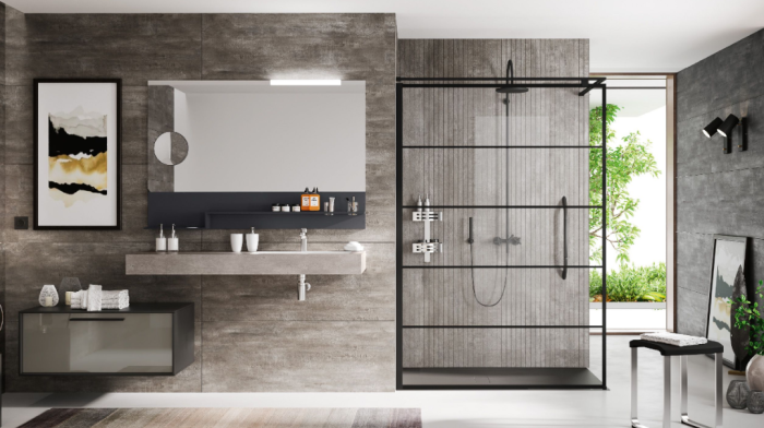 Novellini Kuadra H Stripes Kabina walk-in przyścienna 90 cm (87-90 cm) czarny mat KUADH90-82H