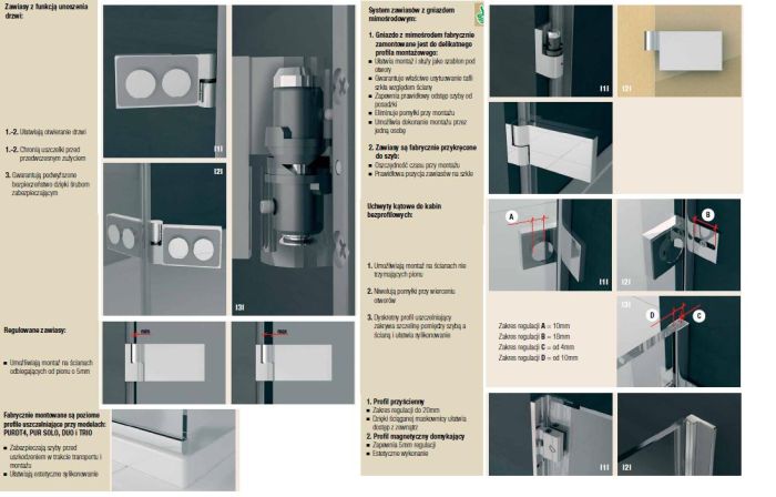 Opis i zdjęcia zawiasów oraz profilu przyściennego w kabinie Pur PU4P550901007 firmy SanSwiss.