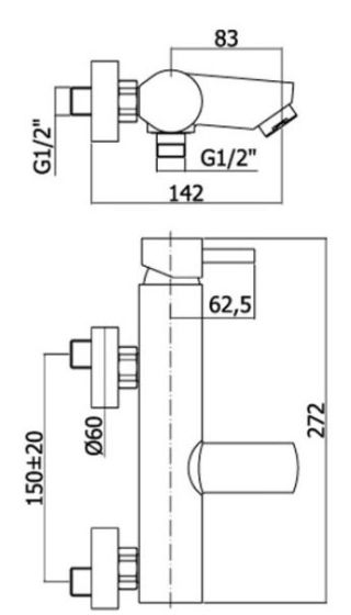 Paffoni Stick bateria wannowa SK022CR rysunek techniczny, wymiary