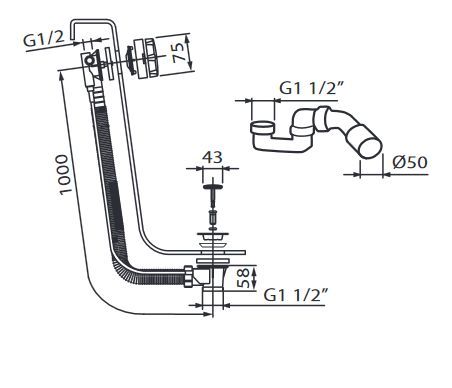 Rysunek techniczny Vedo Classic II 60 przelew wannowy z korkiem automatycznym chrom 342A/60