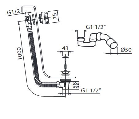 Rysunek techniczny Vedo Classic II 60 przelew wannowy z korkiem automatycznym złoto342A/60 złoto