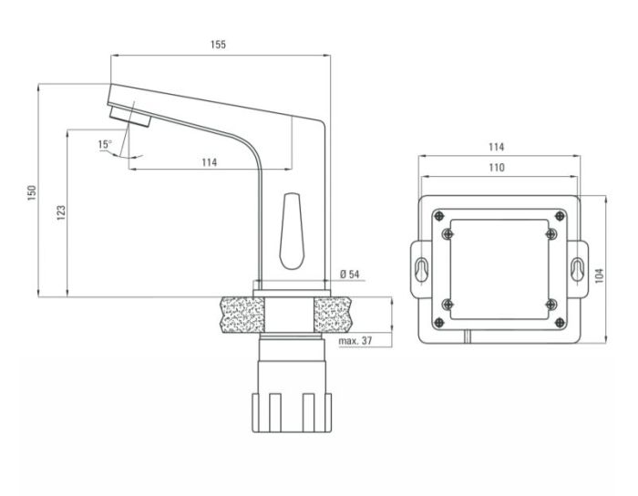Bateria umywalkowa stojąca bezdotykowa sensorowa BCH_029R rysunek techniczny