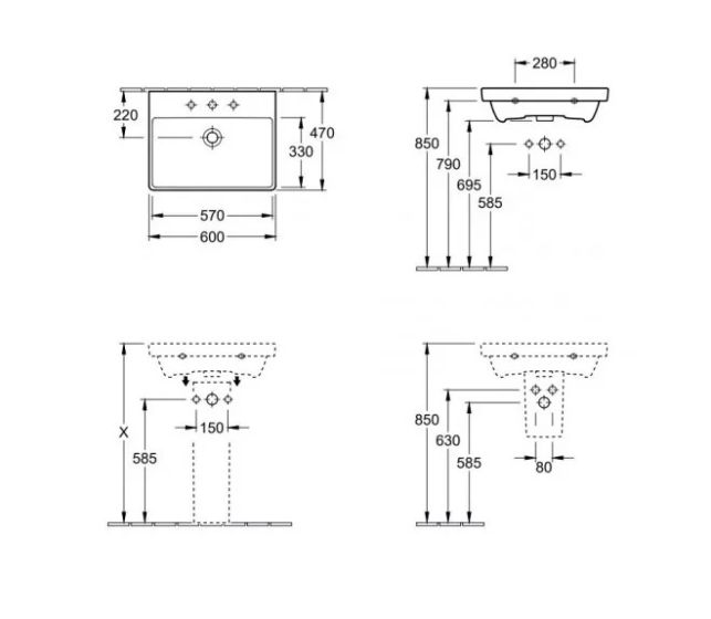Villeroy&Boch Avento umywalka meblowa 600 x 470 mm weiss alpin 41586001 rysunek techniczny