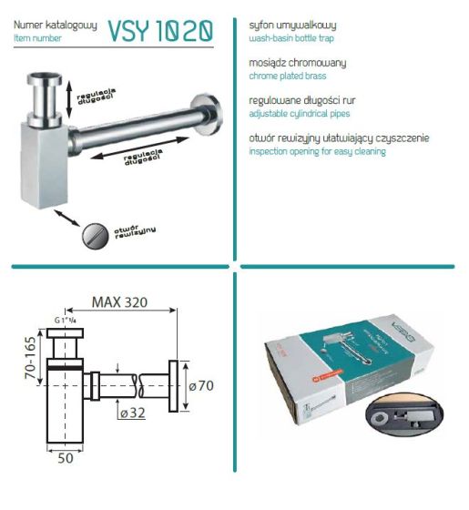 Szczegółowy opis i rysunek techniczny syfonu umywalkowego VSY1020 firmy Vedo.