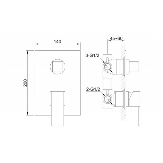 Rysunek techniczny baterii podtynkowej z zestawu wannowego Excelent QW211HQ35 firmy Kohlman.