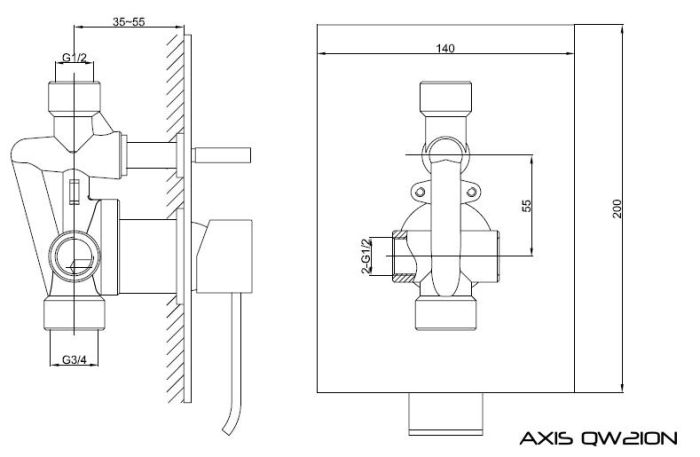 Rysunek techniczny baterii podtynkowej w zestawie prysznicowym Axis QW210NQ40 firmy Kohlman.