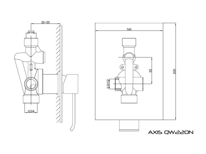 Rysunek techniczny baterii podtynkowej z zestawu natryskowego Axis QW220NR35 firmy Kohlman.