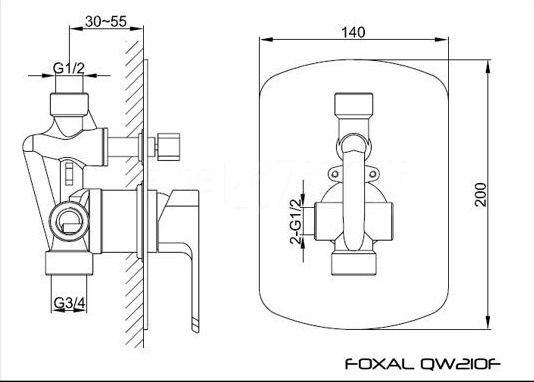 Rysunek techniczny podtynkowej baterii z zestawu natryskowego Foxal QW210FQ40 firmy Kohlman.