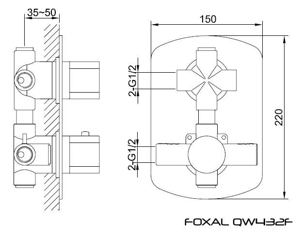 Rysunek techniczny baterii podtynkowej z zestawu wannowego Foxal QW211FQ20 firmy Kohlman.